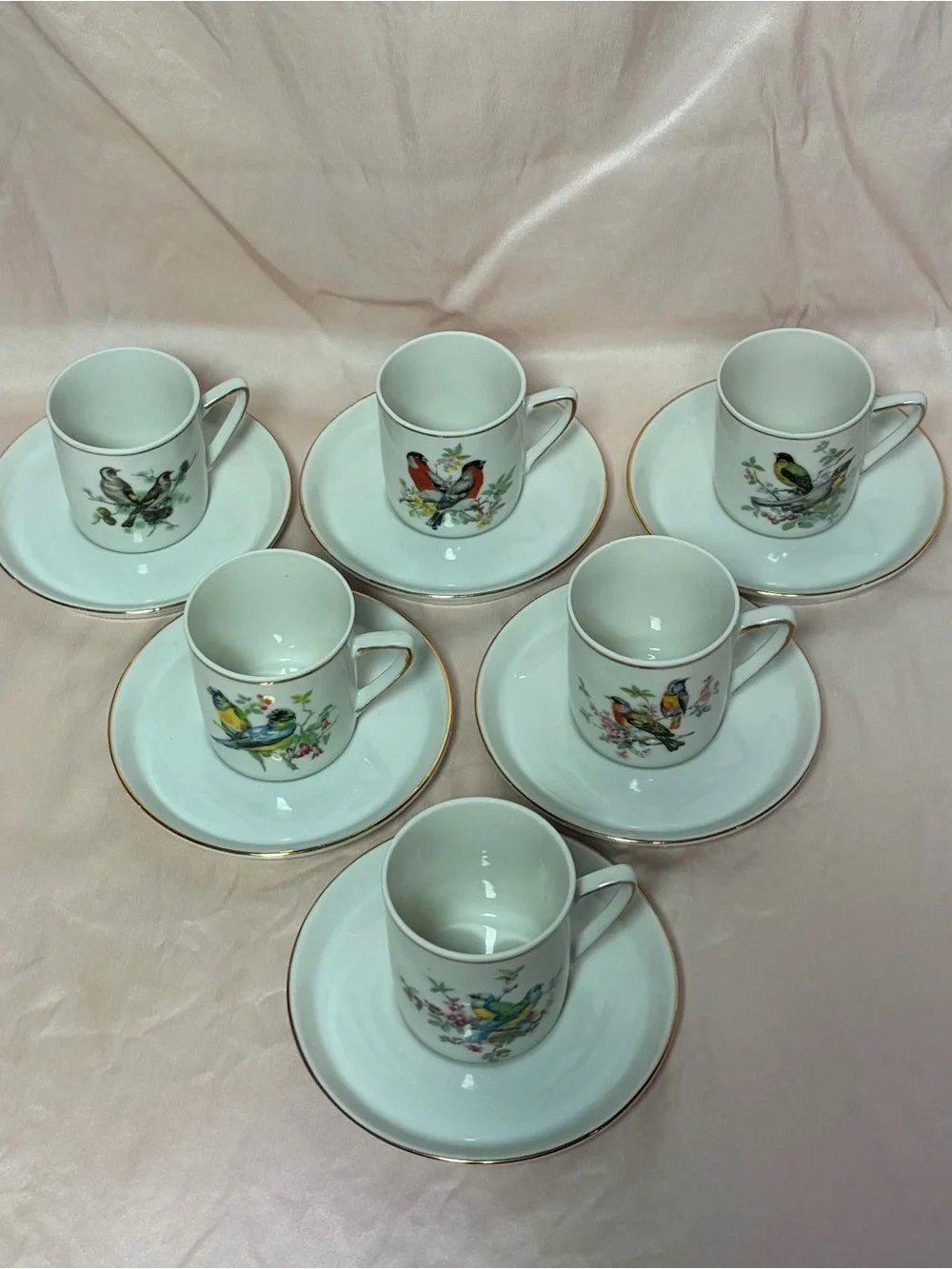 Vintage Royal Crown Japan Bird & Flower Porcelain Coffee Set for 6 Gold Trim